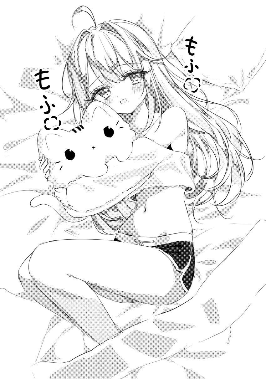 1girl :d ahoge animal animal_hug bed_sheet blush cat commentary_request crop_top dolphin_shorts greyscale hair_between_eyes hair_intakes highres long_hair long_sleeves looking_at_viewer lying mole mole_under_mouth monochrome navel off-shoulder_shirt off_shoulder on_side original puffy_long_sleeves puffy_sleeves shirt short_shorts shorts sleeves_past_wrists smile solo tandohark translation_request very_long_hair white_background