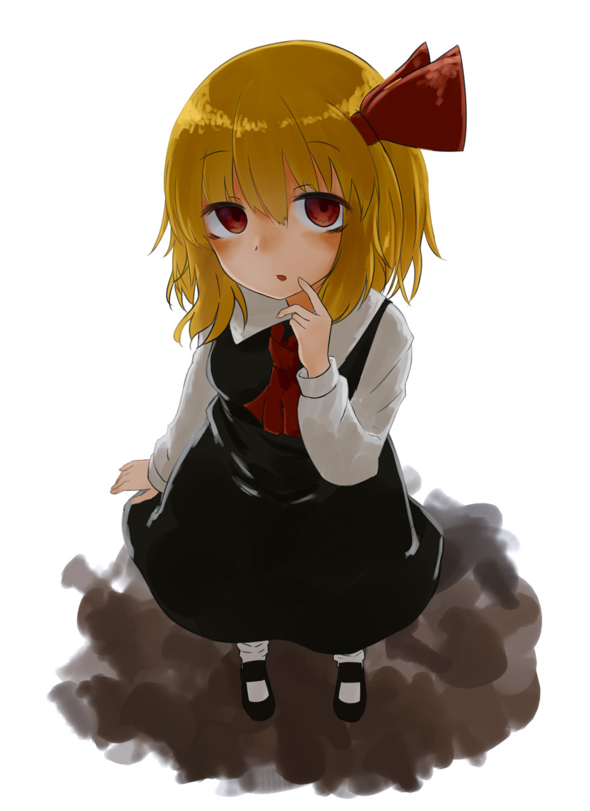 1girl absurdres ascot black_footwear blonde_hair breasts dress eyebrows_visible_through_hair from_above full_body hair_ribbon higashigure highres long_sleeves looking_at_viewer open_mouth red_eyes ribbon rumia shirt short_hair simple_background small_breasts socks solo standing touhou white_background