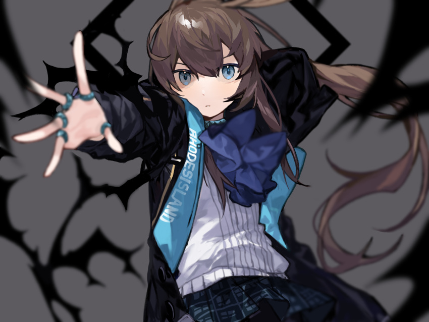 1girl amiya_(arknights) animal_ears arknights black_jacket blue_eyes brown_hair caddy_cyd expressionless foreshortening grey_background hair_between_eyes jacket jewelry long_hair long_sleeves looking_at_viewer open_clothes open_jacket ponytail rabbit_ears rabbit_girl reaching reaching_towards_viewer ring shirt skirt solo very_long_hair white_shirt