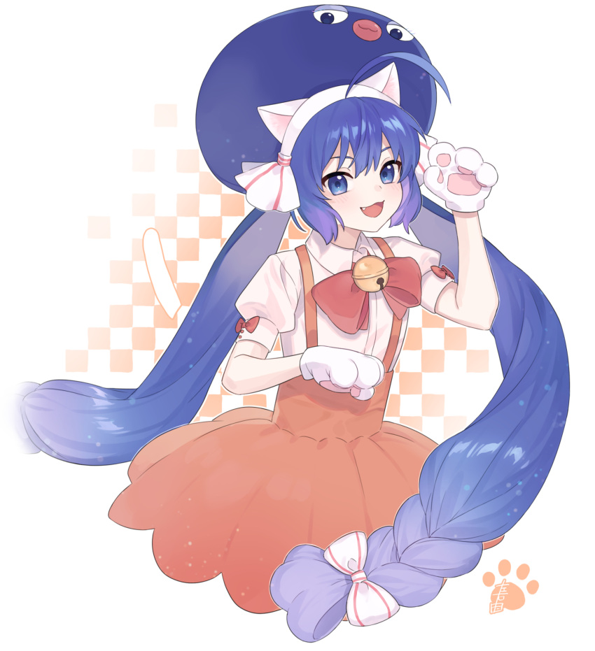 1girl ahoge alternate_costume animal_ears animal_hands bell blue_eyes blue_hair blue_hat bow bowtie cat_ears cat_paws checkered_background collared_shirt eel_hat fake_animal_ears fang hair_between_eyes hair_bow highres large_hat long_hair looking_at_viewer low-braided_long_hair low-tied_long_hair low_twintails open_mouth orange_skirt otomachi_una paw_pose red_bow shirt short_sleeves skirt smile solo suiso_sn3 suspender_skirt suspenders teeth twintails upper_body upper_teeth_only very_long_hair vocaloid white_background white_bow white_shirt