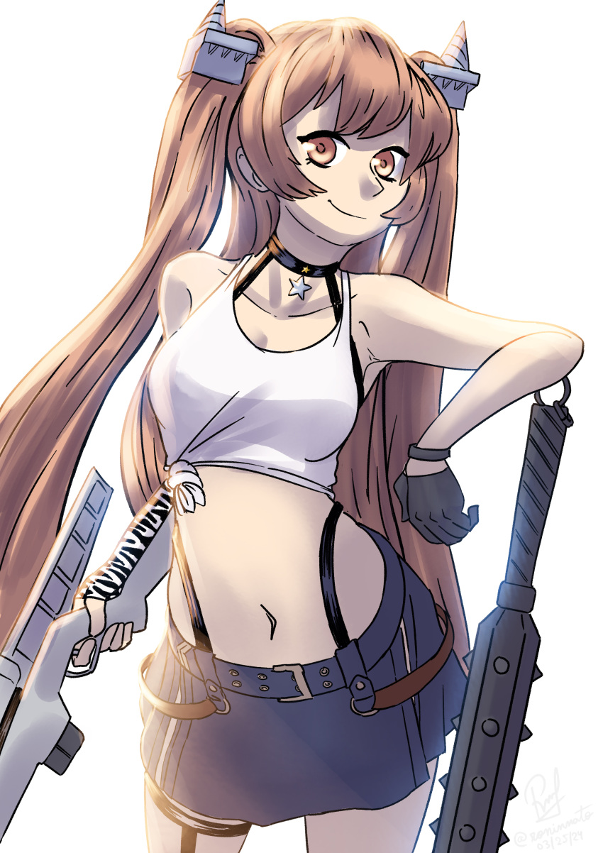 1girl absurdres black_gloves blue_skirt brown_eyes club_(weapon) cone_horns cowboy_shot gloves gun headgear highres horns johnston_(kancolle) kanabou kantai_collection light_brown_hair long_hair navel official_alternate_costume one-hour_drawing_challenge rifle ron_(pixiv83091338) simple_background skirt smile solo two_side_up weapon white_background