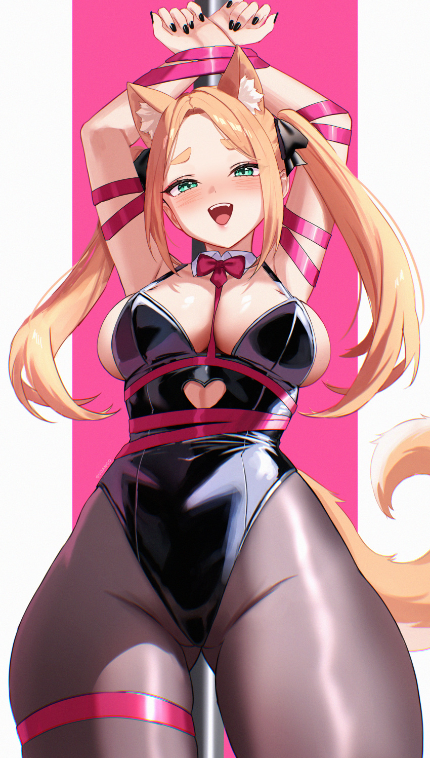 1girl absurdres animal_ear_fluff animal_ears arms_up black_leotard black_nails black_pantyhose blush breasts commentary cutout_above_navel dog_ears dog_girl dog_tail english_commentary fran_(gudanco_(nyanmeowzer)) green_eyes gudanco_(nyanmeowzer) highres large_breasts leotard long_hair looking_at_viewer open_mouth orange_hair original pantyhose playboy_bunny ribbon simple_background smile solo standing tail teeth thick_eyebrows tongue twintails upper_teeth_only