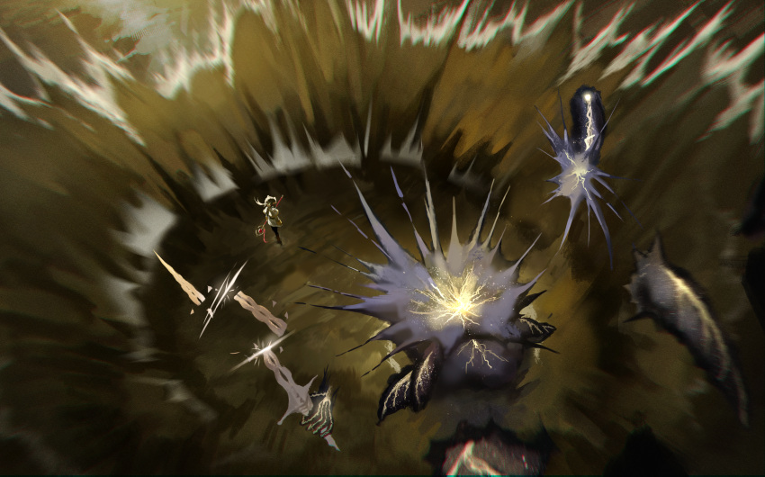 1girl aura commentary dismemberment dotthebot elden_beast elden_ring explosion frieren highres holding holding_staff motion_blur sousou_no_frieren staff standing sword weapon white_hair