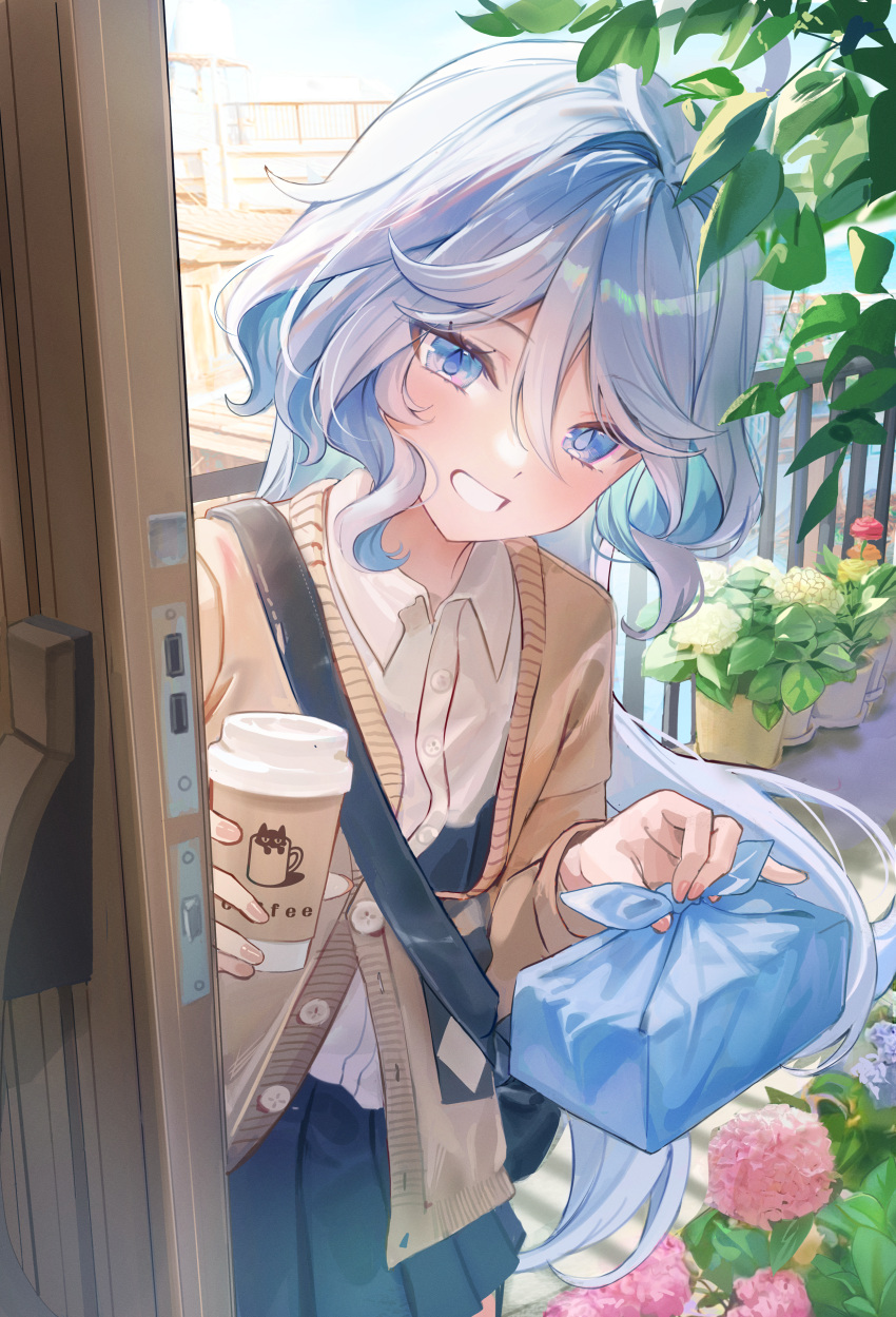 1girl absurdres alternate_costume bag bento blue_eyes blue_hair blue_skirt brown_cardigan cardigan clenched_teeth collared_shirt commentary contemporary cowlick cup dasha disposable_cup door drop-shaped_pupils flower furina_(genshin_impact) furoshiki genshin_impact grin hair_between_eyes hands_up heterochromia highres holding holding_cup leaning_forward light_blue_hair long_hair looking_at_viewer open_mouth pink_flower plant pleated_skirt potted_plant pov_doorway purple_flower shirt shoulder_bag skirt smile solo symbol-shaped_pupils teeth wavy_hair white_shirt