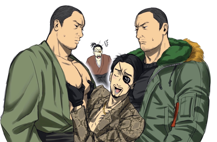 4boys ^^^ bara bare_pectorals black_hair blurry boy_sandwich buzz_cut character_request depth_of_field eyepatch face_between_pectorals facial_hair from_side gloves goatee_stubble grabbing groping highres jamo_damo japanese_clothes kimono large_pectorals majima_goro male_focus mature_male multiple_boys muscular muscular_male mustache_stubble open_clothes open_kimono pectoral_grab pectorals ryuu_ga_gotoku_(series) sandwiched short_hair sideburns_stubble stubble sweatdrop thick_eyebrows upper_body very_short_hair yaoi