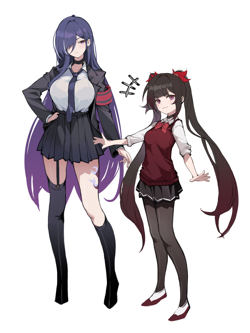 2girls absurdres acheron_(honkai:_star_rail) armband asymmetrical_legwear black_choker black_jacket black_pantyhose black_skirt breasts brown_hair choker full_body hair_over_one_eye hair_ribbon hand_on_own_hip highres honkai:_star_rail honkai_(series) jacket large_breasts leg_tattoo long_hair mole multiple_girls necktie oxooxo666 pantyhose purple_eyes ribbon school_uniform shirt skirt sleeves_rolled_up sparkle_(honkai:_star_rail) standing tattoo twintails vest white_shirt