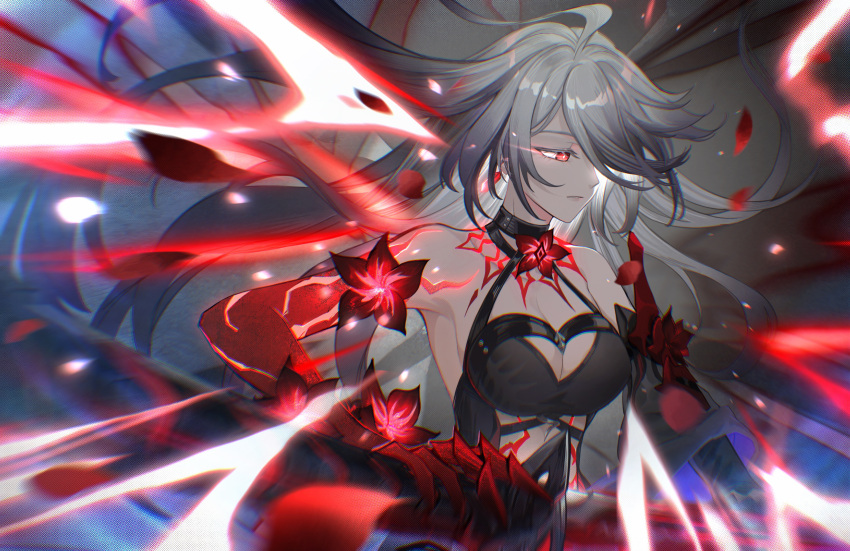 1girl absurdres acheron_(honkai:_star_rail) black_choker black_gloves body_markings breasts choker cleavage detached_sleeves earrings flower gloves hair_over_one_eye highres holding holding_sword holding_weapon honkai:_star_rail honkai_(series) jewelry long_hair petals red_eyes red_flower single_bare_shoulder single_earring solo sword weapon white_hair ziiima