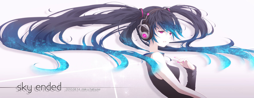 alternate_costume alternate_hair_color arm_up asymmetrical_clothes bangs black_hair english expressionless hatsune_miku headphones highres long_hair mirusa nail_polish open_mouth pale_skin pink_eyes pink_nails popped_collar single_sleeve solo twintails upper_body vocaloid