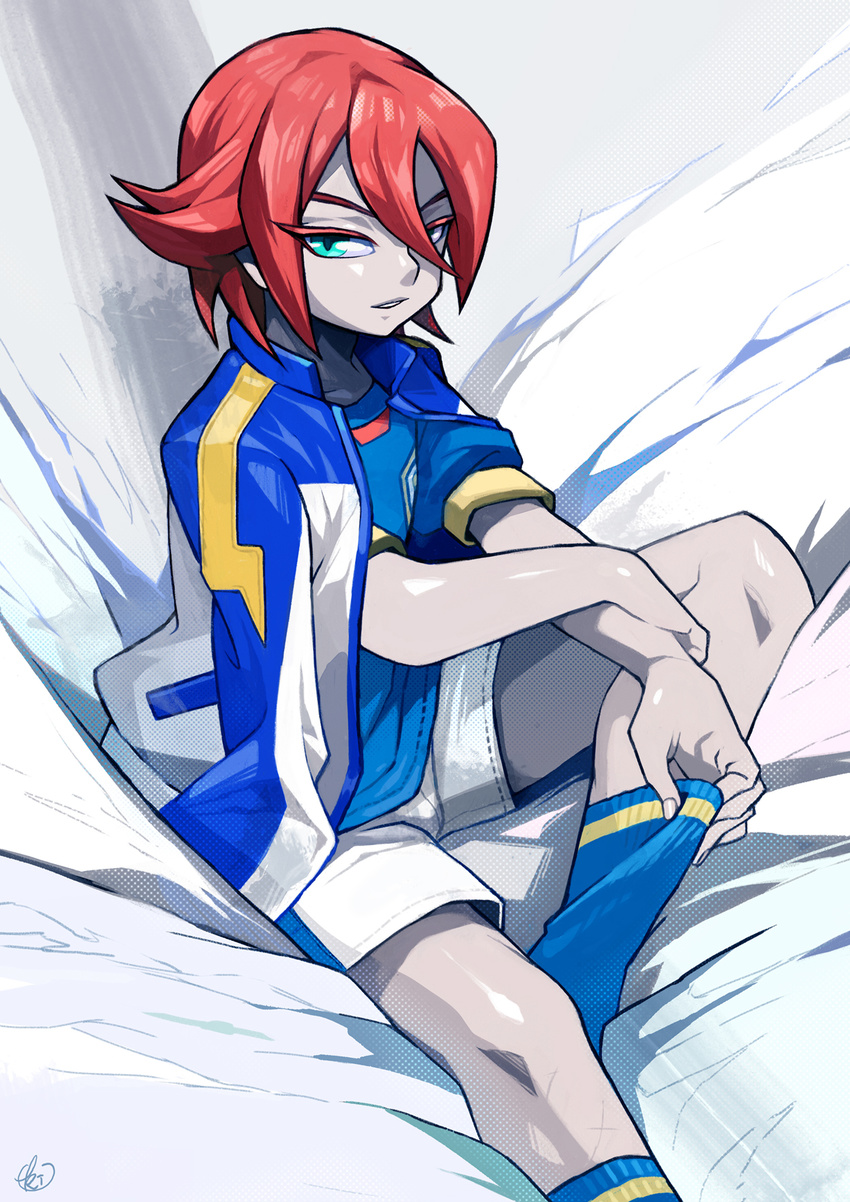 bad_id bad_pixiv_id cushion green_eyes highres inazuma_eleven inazuma_eleven_(series) jacket kimimaru kiyama_hiroto male_focus red_hair soccer_uniform socks solo sportswear tamazakura