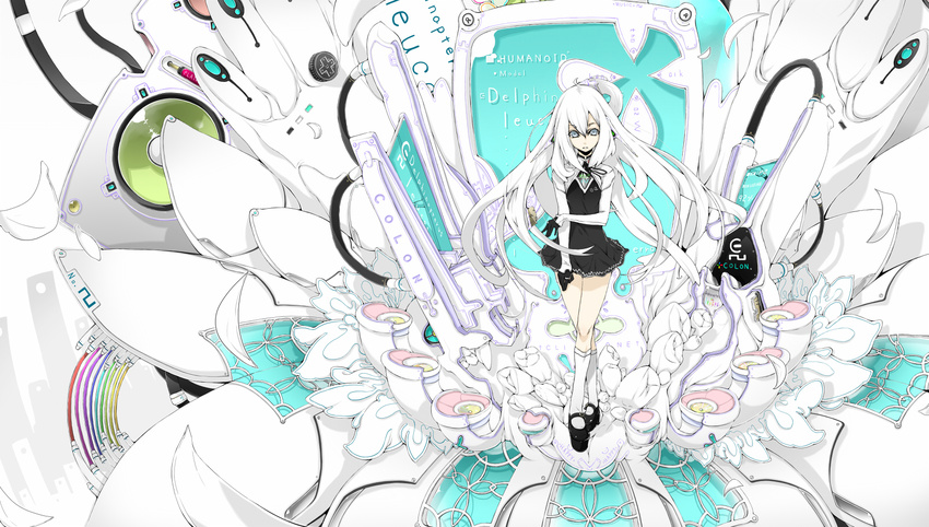 cable computer dress flower gloves highres kneehighs long_hair machine original platform_footwear silver_eyes solo standing surreal very_long_hair vocaloid white_hair white_legwear yume_koreshiki