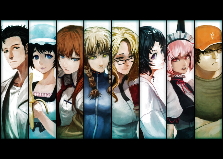 5girls akiha_rumiho amane_suzuha black_hair blonde_hair blue_eyes braid brown_hair column_lineup everyone hashida_itaru kiryuu_moeka lack makise_kurisu multiple_boys multiple_girls okabe_rintarou shiina_mayuri steins;gate urushibara_ruka