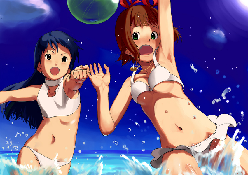 amami_haruka arm_up armpits ball bikini bikini_skirt black_eyes blue_hair breasts brown_hair cloud day face flat_chest foreshortening green_eyes idolmaster idolmaster_(classic) jewelry kisaragi_chihaya long_hair looking_back medium_breasts multiple_girls navel open_mouth outdoors outstretched_arm pendant pettan_p short_hair sky splashing sports_bikini swimsuit wading water white_bikini