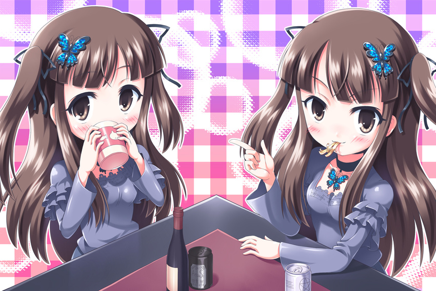 2girls brown_eyes brown_hair butterfly original ribbons twins