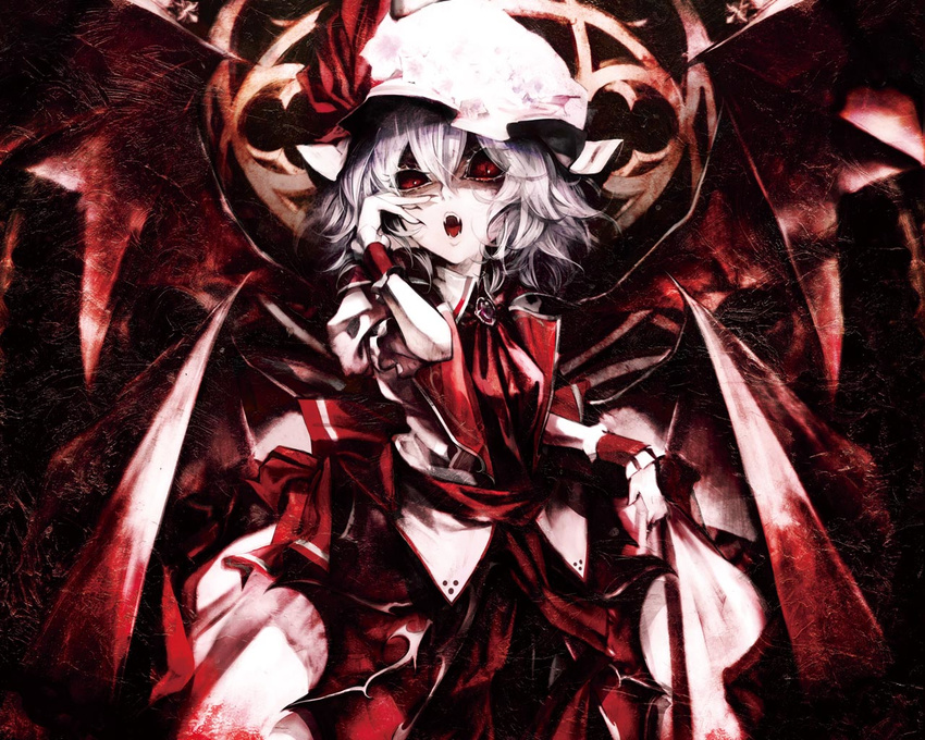 alternate_costume banpai_akira bat_wings colored_eyelashes eyelashes fang hat lavender_hair looking_down open_mouth pale_skin red_eyes remilia_scarlet short_hair solo touhou vampire wallpaper wings wrist_cuffs