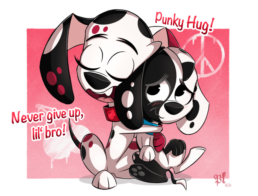 101_dalmatian_street 101_dalmatians blush canid canine canis cherry collar dalmatian deepak_(101_dalmatians) disney domestic_dog duo eyes_closed female feral food fruit fur hi_res hug male male/female mammal peace_symbol pkbr4insh0ck_(artist) plant spots text white_body white_fur wisnia_(pkbr4insh0ck)