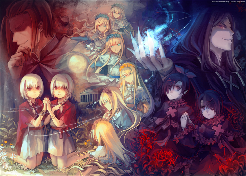 6+girls aioria albino artemisia blonde_hair blue_eyes doria eleuseus facial_mark flower hair_flower hair_ornament hair_over_one_eye hairclip holding_hands ionia locria lydia_(sound_horizon) md5_mismatch moira mu_(sound_horizon) multiple_boys multiple_girls phi_(sound_horizon) phrygia pointy_ears red_eyes scorpius siblings sinsora sound_horizon spider_lily thanatos_(sound_horizon) twins white_hair