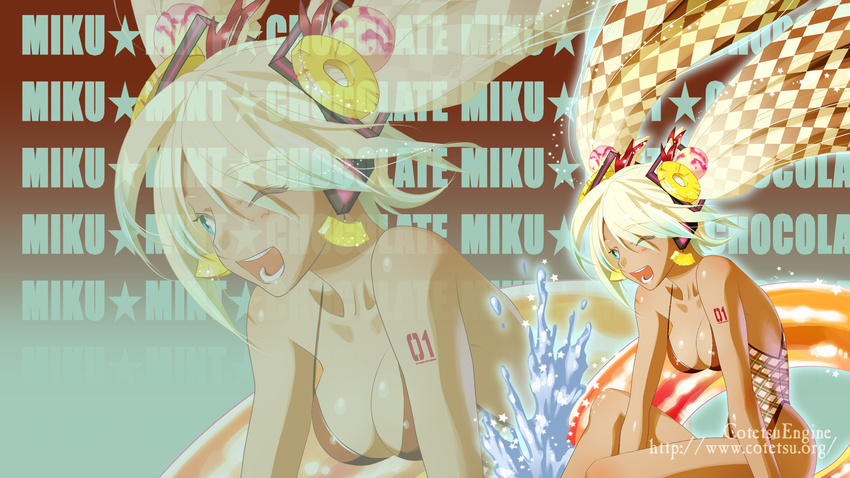alternate_color alternate_costume blonde_hair blue_eyes casual_one-piece_swimsuit checkered dark_skin food food_as_clothes fruit ganguro hatsune_miku highres long_hair one-piece_swimsuit one_eye_closed open_mouth patterned pineapple solo swimsuit tattoo twintails vocaloid yamanaka_kotetsu zoom_layer