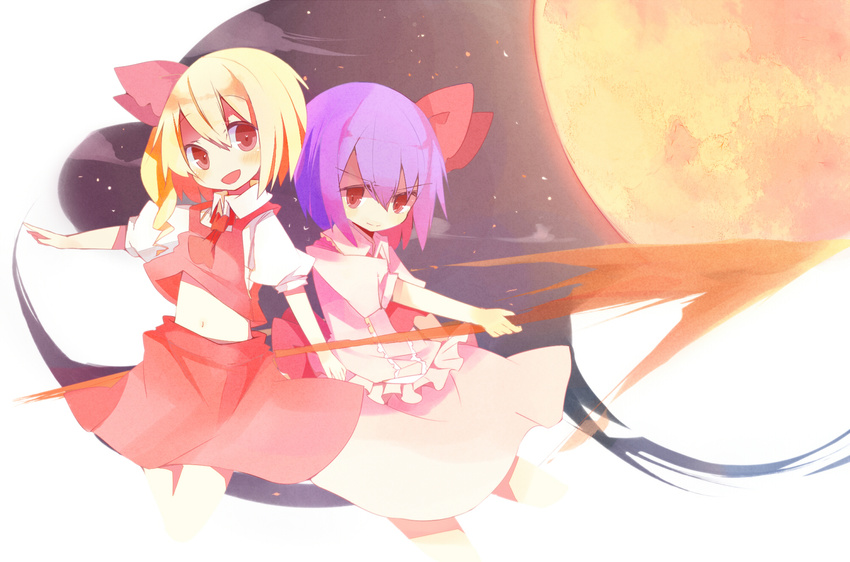 bad_id bad_pixiv_id blonde_hair blue_hair flandre_scarlet full_moon midriff moon multiple_girls no_hat no_headwear open_mouth red_eyes red_moon remilia_scarlet rowtan siblings sisters smile spear_the_gungnir touhou weapon