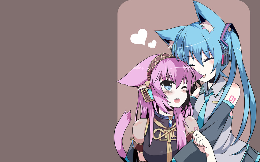 animal_ears aqua_hair blue_eyes catgirl dress hatsune_miku long_hair megurine_luka mizuki pink_hair tie twintails vector vocaloid