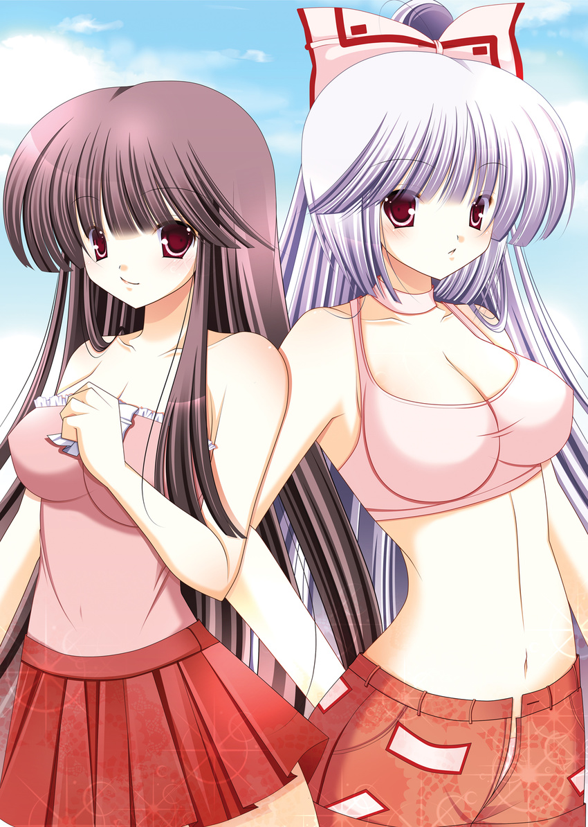 :&lt; :o adapted_costume bad_id bad_pixiv_id bangs black_hair blue_sky blunt_bangs blush bow bra breasts casual cleavage collarbone contemporary covered_nipples day fujiwara_no_mokou hair_bow highres hips hiyori-o houraisan_kaguya impossible_clothes impossible_shirt large_breasts lingerie long_hair looking_at_viewer midriff miniskirt multiple_girls navel open_fly outdoors pants pleated_skirt ponytail red_eyes ribbon shirt shorts silver_hair skirt sky smile standing straight_hair touhou underwear unzipped very_long_hair white_hair