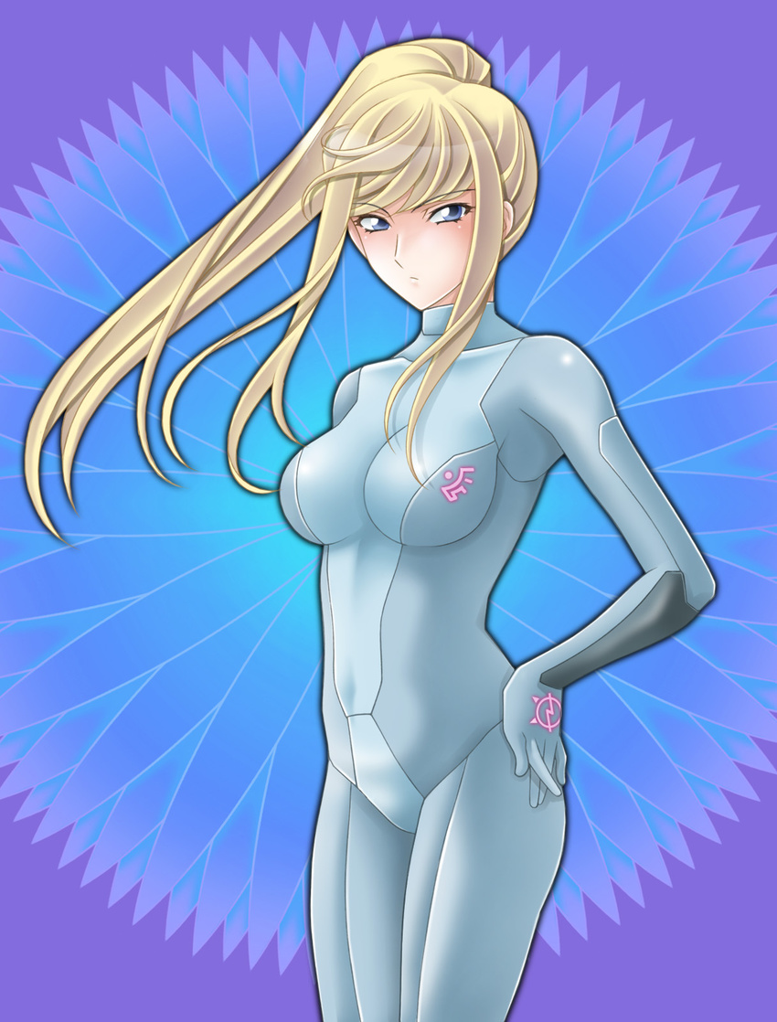 bad_id bad_pixiv_id bangs blonde_hair blue_eyes bodysuit hand_on_hip highres metroid ponytail samus_aran skin_tight solo tamamon zero_suit