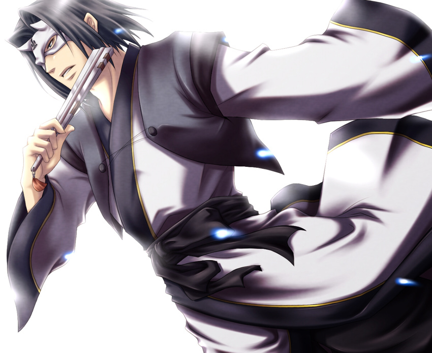 black_hair dutch_angle fan folding_fan hakuoro japanese_clothes male_focus mask solo souma utawareru_mono