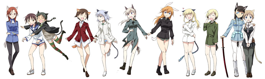 6+girls agahari animal_ears bespectacled black_legwear blush bunny_ears cat_ears charlotte_e_yeager charlotte_e_yeager_(cosplay) closed_eyes cosplay costume_switch dog_ears eila_ilmatar_juutilainen eila_ilmatar_juutilainen_(cosplay) electricity erica_hartmann erica_hartmann_(cosplay) everyone fang francesca_lucchini francesca_lucchini_(cosplay) gertrud_barkhorn gertrud_barkhorn_(cosplay) glasses hair_down hand_on_shoulder heart highres holding_hands legs lynette_bishop lynette_bishop_(cosplay) minna-dietlinde_wilcke minna-dietlinde_wilcke_(cosplay) miyafuji_yoshika miyafuji_yoshika_(cosplay) multiple_girls no_eyewear no_socks open_mouth panties pantyhose perrine_h_clostermann perrine_h_clostermann_(cosplay) ponytail sakamoto_mio sakamoto_mio_(cosplay) sanya_v_litvyak sanya_v_litvyak_(cosplay) smile strike_witches striped striped_legwear striped_panties sword tail thighhighs underwear uniform weapon white_legwear white_panties wolf_ears wolf_tail world_witches_series