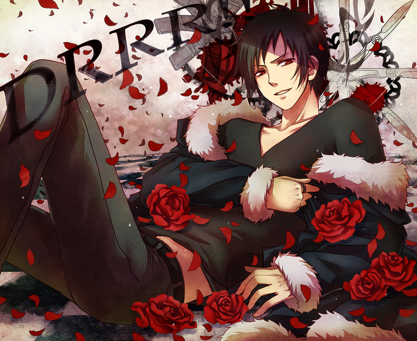 bad_id bad_pixiv_id black_hair checkered checkered_floor coat durarara!! flower lying male_focus nitou_akane orihara_izaya perspective petals red_flower red_rose rose rose_petals solo