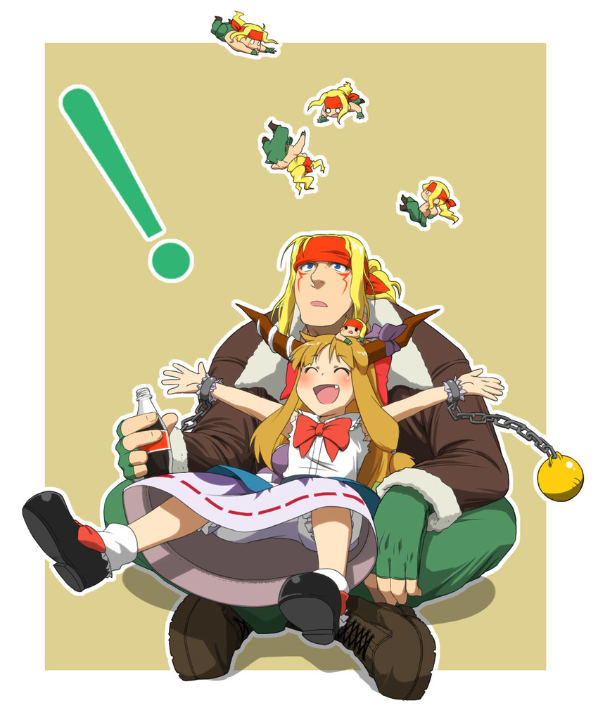 1boy 1girl alex_(street_fighter) blonde_hair blue_eyes chain chibi coca-cola crossover fang gloves headband highres horns ibuki_suika long_hair m.u.g.e.n miniboy mo_(wkmdw) orange_hair street_fighter street_fighter_iii_(series) touhou