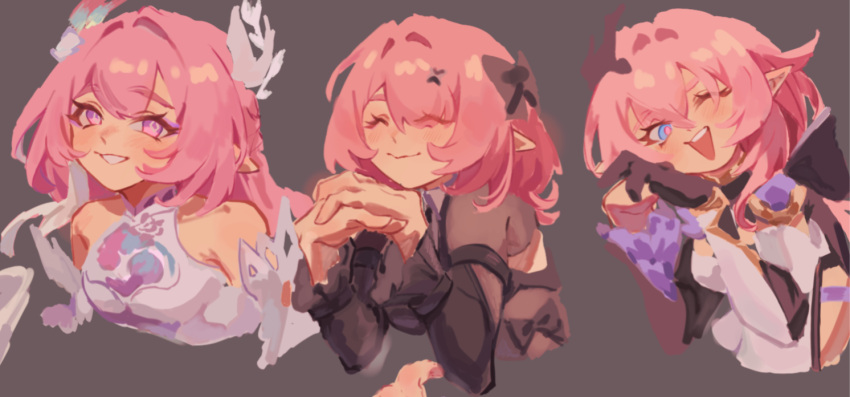 3girls bare_shoulders black_dress black_gloves blue_eyes breasts chinese_commentary color_connection commentary_request company_connection corset cropped_torso cyrene_(demiurge)_(honkai:_star_rail) cyrene_(honkai:_star_rail) doumi_doumi dress elf elysia_(honkai_impact) elysia_(miss_pink_elf)_(honkai_impact) gloves grey_background hair_color_connection honkai:_star_rail honkai_(series) honkai_impact_3rd inoue_marina large_breasts long_hair looking_at_viewer medium_hair mihoyo multiple_girls official_alternate_costume pink_hair pointy_ears purple_eyes purple_hair remielle_dan remielle_dan_(moonlight_whispers) simple_background smile very_long_hair voice_actor_connection white_corset white_dress yanning zenless_zone_zero