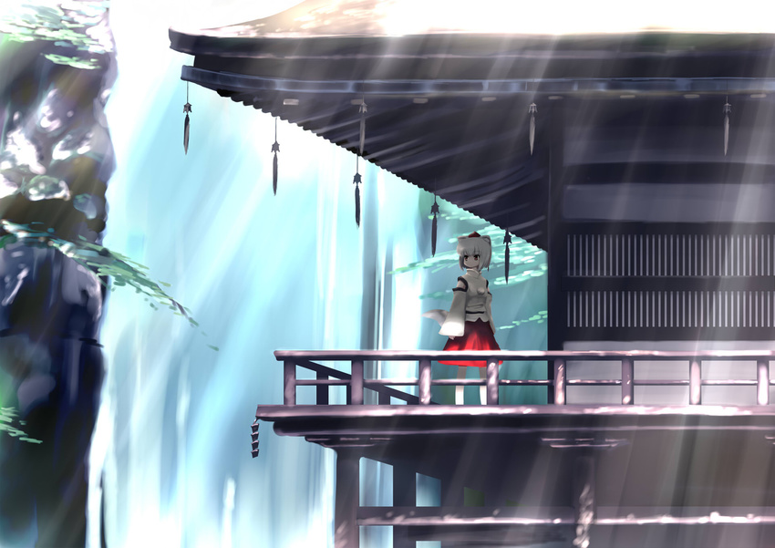 castle detached_sleeves hat highres inubashiri_momiji shade short_hair skirt solo tokin_hat touhou tsubasa_(abchipika) water waterfall white_hair yellow_eyes