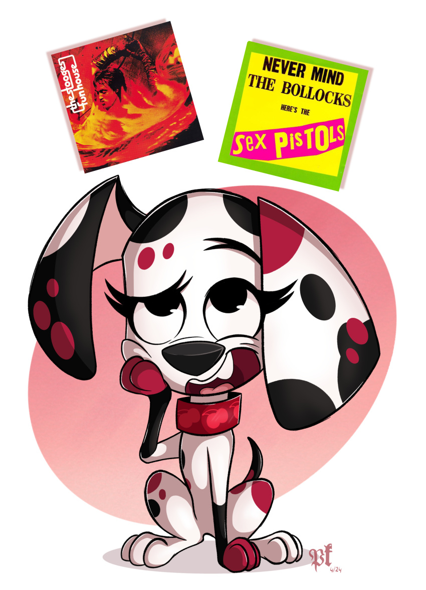 101_dalmatian_street 101_dalmatians absurd_res alternative_fashion canid canine canis cherry choose collar dalmatian disney domestic_dog female feral food fruit fur hi_res human looking_up mammal music pkbr4insh0ck_(artist) plant punk punk_rock solo spots white_body white_fur wisnia_(pkbr4insh0ck)