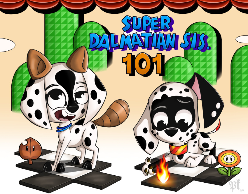 101_dalmatian_street 101_dalmatians absurd_res canid canine canis collar dalmatian dee_dee_(101_dalmatians) disney dizzy_(101_dalmatians) domestic_dog duo female feral fire fire_flower fireball fur hi_res looking_down looking_up mammal mario_bros nintendo pkbr4insh0ck_(artist) raccoon_dog spots tanuki text white_body white_fur