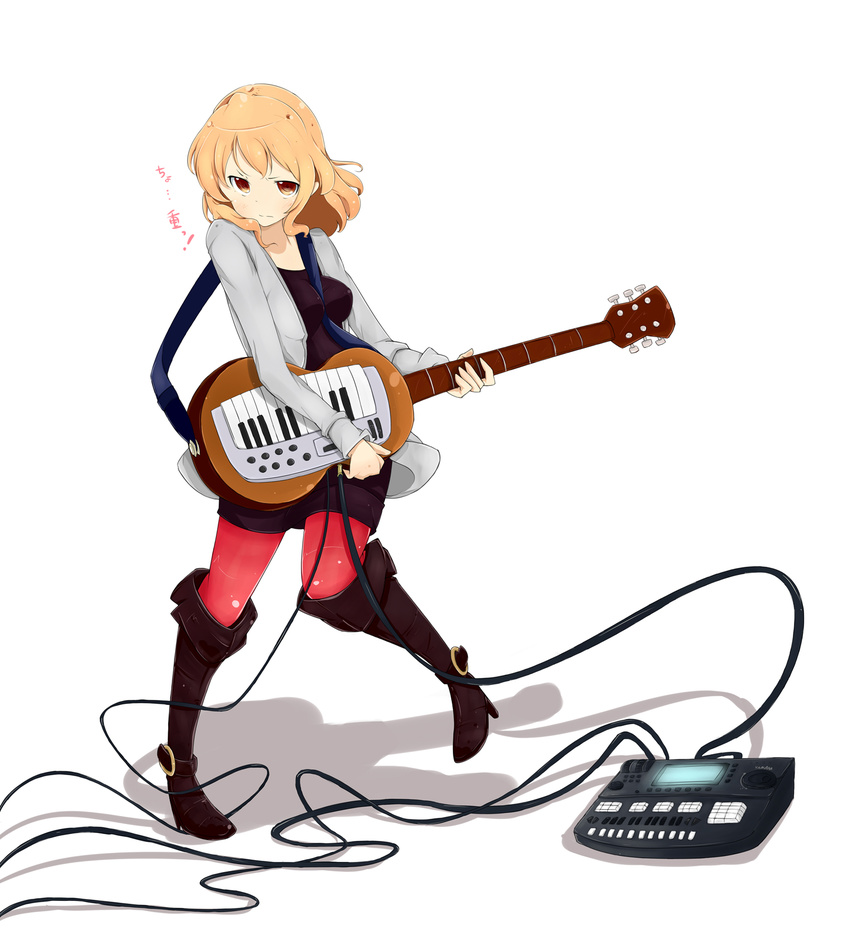 between_breasts blush boots breasts brown_eyes brown_hair cable guitar highres instrument keytar long_hair original pantyhose red_legwear skirt solo zukaketawagase