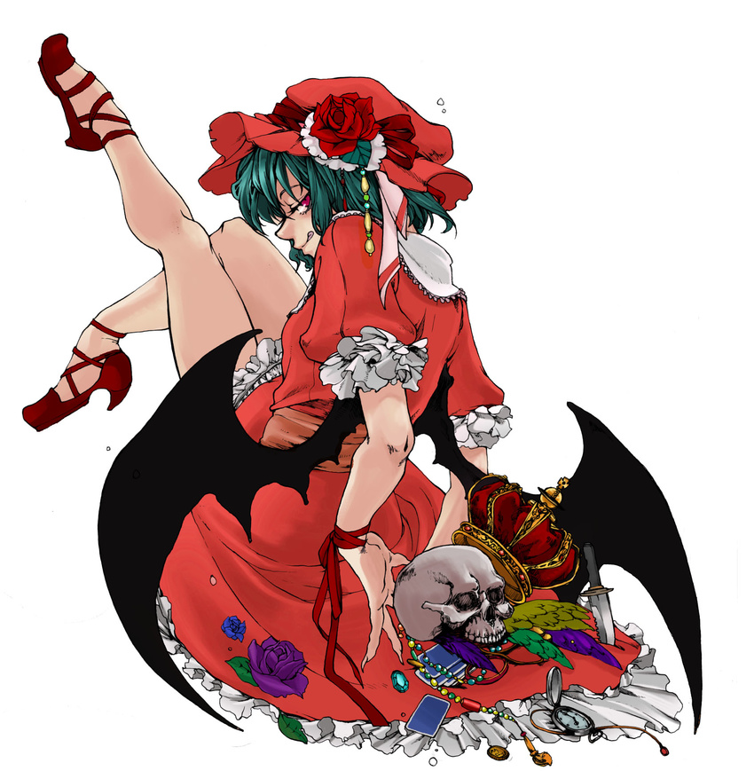 bat_wings blue_hair crown dress flower from_behind hat highres jewelry knife legs licking_lips looking_back moeshimo_(pixiv) red_eyes remilia_scarlet ribbon rose short_hair skull solo tongue tongue_out touhou wings