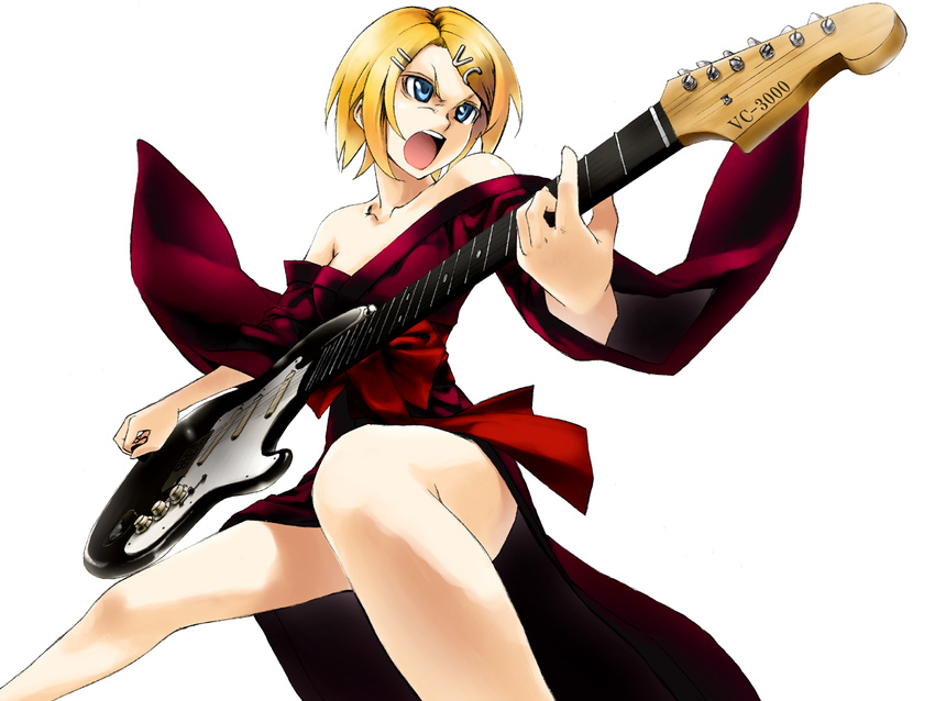 bad_id bad_pixiv_id bare_shoulders blonde_hair blue_eyes hair_ornament hairclip japanese_clothes kagamine_rin legs poaro short_hair solo tengaku_(vocaloid) vocaloid