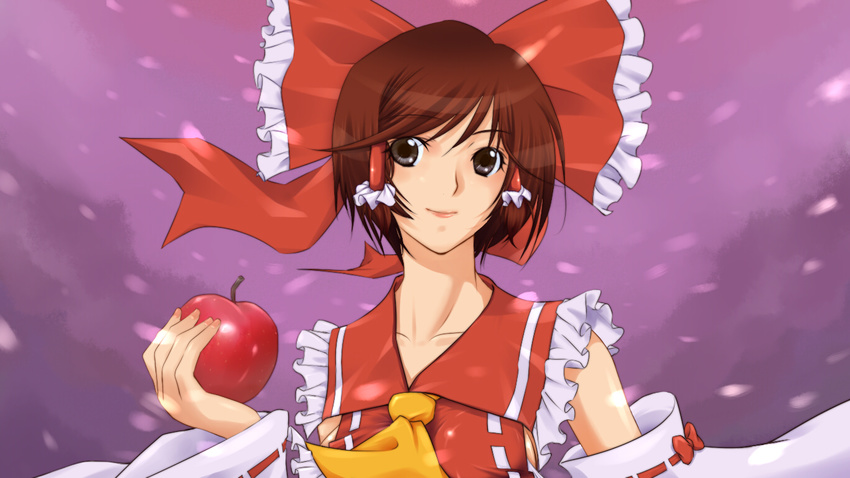 apple bad_apple!! black_eyes bow brown_hair commentary_request cosplay detached_sleeves food fruit hair_bow hair_ribbon hair_tubes hakurei_reimu hakurei_reimu_(cosplay) holding holding_food holding_fruit meiko ribbon short_hair smile snow solo touhou ts vocaloid