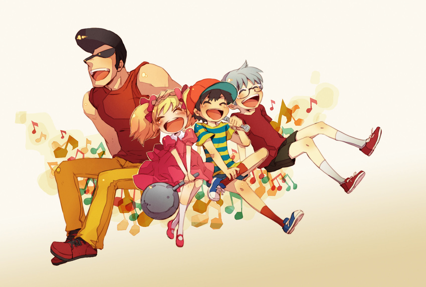 3boys ana_(mother) bat child closed_eyes gin_(oyoyo) glasses highres lloyd_(mother) mother_(game) mother_1 multiple_boys ninten sunglasses teddy_(mother)