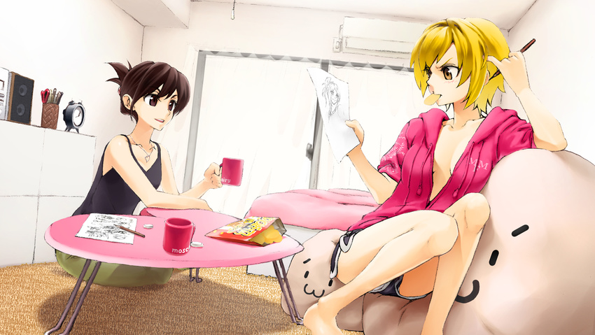 bad_id bad_pixiv_id barefoot blonde_hair blush breasts brown_hair chips cleavage cup drawing folded_ponytail food highres legs living_room medium_breasts mouth_hold multiple_girls oekaki_musume open_clothes open_shirt original pencil poaro potato_chips room shirt short_hair shorts sitting table wooden_pencil