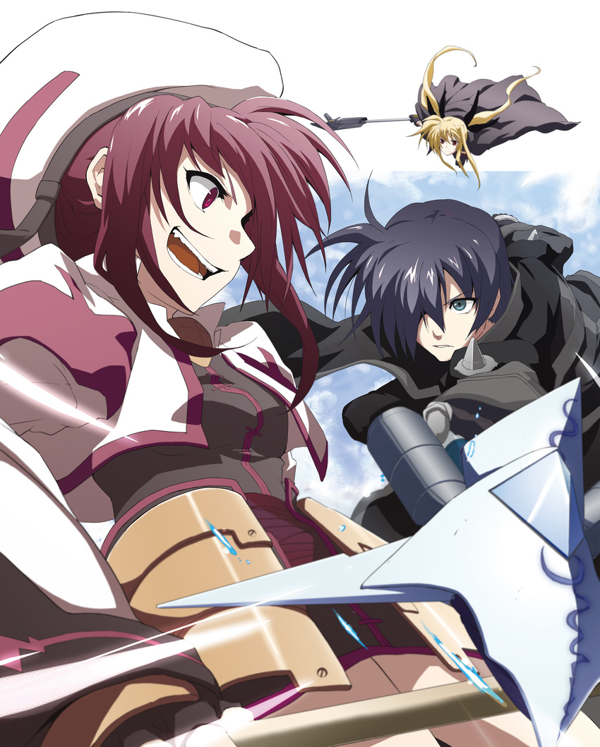 2girls absurdres bardiche battle blonde_hair chrono_harlaown durandal_(nanoha) fate_testarossa highres long_hair lyrical_nanoha mahou_shoujo_lyrical_nanoha mahou_shoujo_lyrical_nanoha_a's multiple_girls purple_eyes purple_hair short_hair staff twintails very_long_hair yuu-yuu