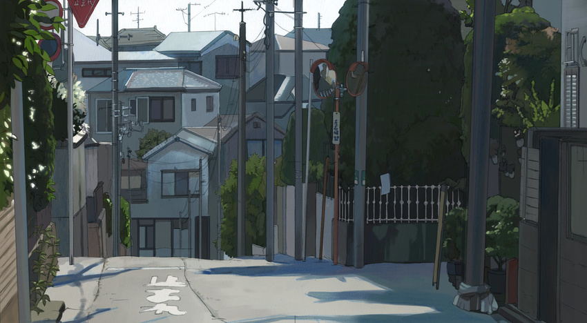 bad_pixiv_id city house mirror no_humans original pole road scenery sign street traffic_mirror umishima_senbon