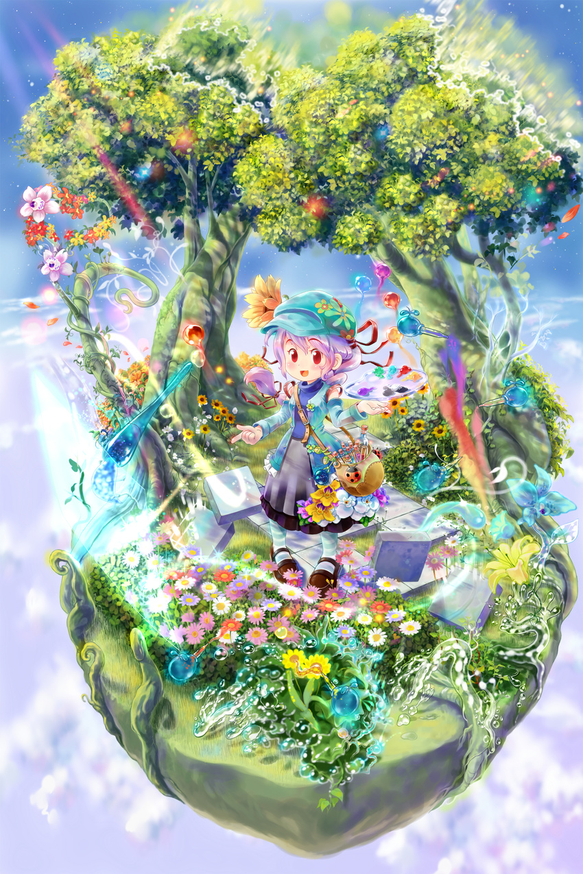 absurdres art_brush bag blue_legwear blush braid child detached_sleeves fantasy flower hat highres long_hair long_skirt magic mary_janes narit_(naritnarit) nature oekaki_musume original paint paintbrush palette pantyhose pink_hair shoes skirt solo striped striped_legwear sunflower tree