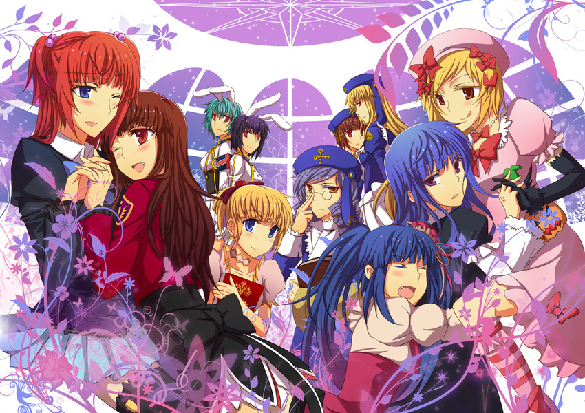 adjusting_eyewear animal_ears armband black_hair blonde_hair blue_eyes blue_hair blush book bug bunny_ears butterfly chiester410 chiester556 chiester_sisters choker cornelia_(umineko) dlanor_a_knox dress eiserne_jungfrau fang flower frederica_bernkastel frills furudo_erika gertrude glasses hair_bobbles hair_ornament hat hug insect isya lambdadelta long_hair mammon multiple_girls pink_hat ponytail purple_eyes red_hair ribbon short_hair skirt smile stakes_of_purgatory twintails umineko_no_naku_koro_ni ushiromiya_ange ushiromiya_beatrice yuri