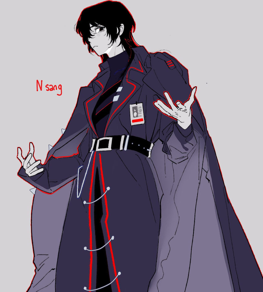 1boy belt black_belt black_eyes black_hair closed_mouth coat coat_on_shoulders collared_shirt covered_eyes highres id_card light_frown limbus_company long_sleeves male_focus pale_skin patchfire project_moon shirt short_hair simple_background solo vest yi_sang_(project_moon)