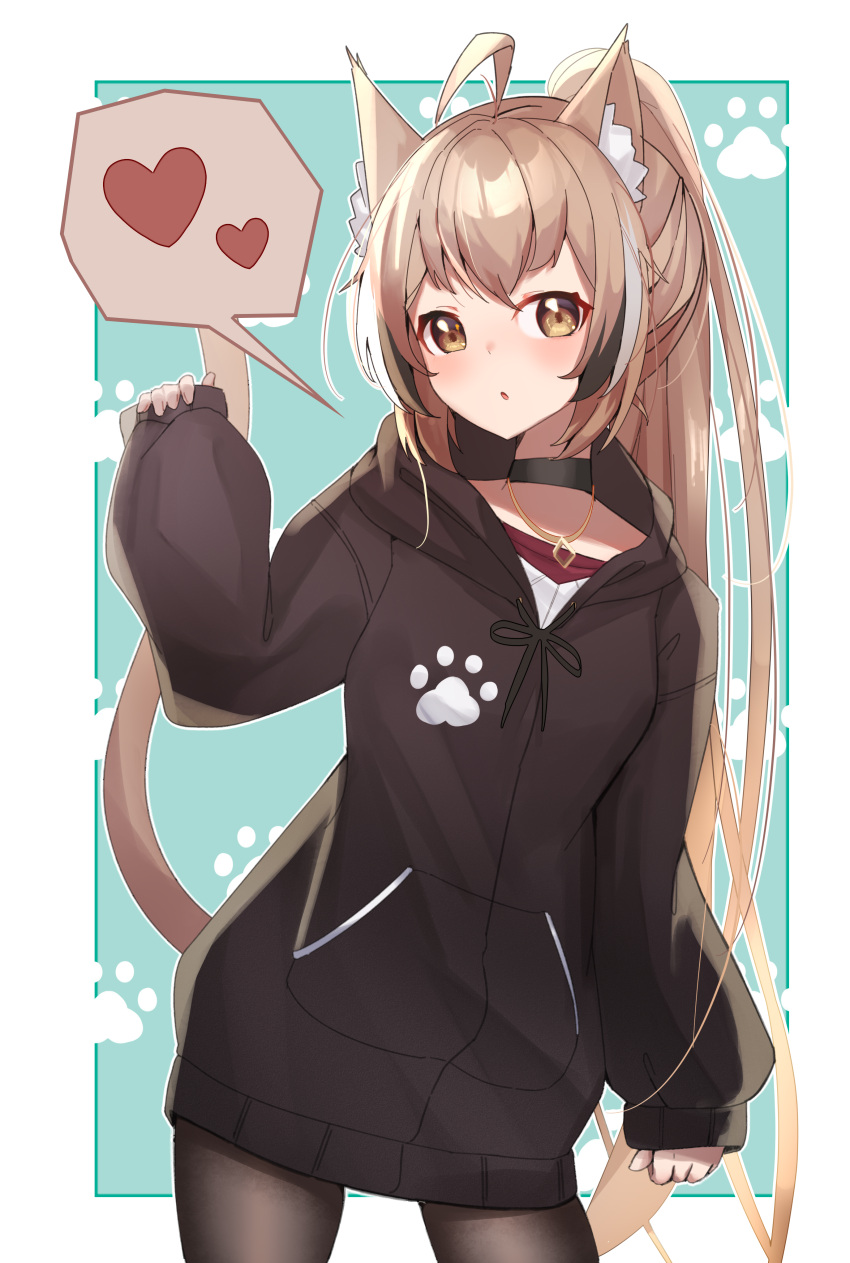 1girl absurdres ahoge alphaart alternate_costume animal_ears black_choker black_hoodie black_pantyhose brown_eyes brown_hair cat_ears cat_girl choker crossed_bangs english_commentary heart highres hololive hololive_english hood hoodie jewelry long_hair looking_at_viewer multicolored_hair nanashi_mumei necklace open_mouth oversized_clothes pantyhose ponytail sleeves_past_wrists solo spoken_heart streaked_hair sweater very_long_hair virtual_youtuber white_sweater