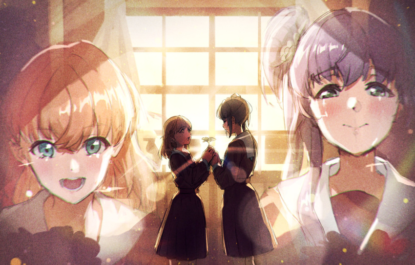 0364p 2girls absurdres aqua_eyes aqua_neckerchief backlighting brown_dress cerise_bouquet closed_mouth clubroom crossed_bangs crying crying_with_eyes_open dress flower green_eyes hair_bun hair_flower hair_ornament hasu_no_sora_school_uniform highres hinoshita_kaho holding holding_flower holding_together in-universe_location indoors light_particles link!_like!_love_live! long_hair long_sleeves looking_at_another love_live! medium_dress medium_hair multiple_girls neckerchief open_mouth orange_hair otomune_kozue pleated_dress projected_inset purple_hair rabbit_hair_ornament red_neckerchief sailor_collar sailor_dress scene_reference school_uniform side_ponytail sidelocks single_side_bun smile tears teeth two-handed two_side_up unfinished virtual_youtuber white_sailor_collar window winter_uniform