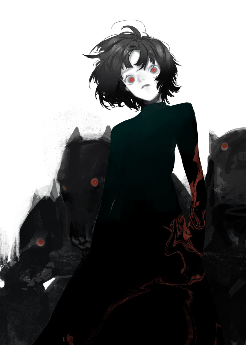 absurdres black_fur black_hair black_shirt blood blood_on_arm colored_skin grey_hair highres looking_at_viewer nibiiro_(nibiirooo_) original red_eyes shirt short_hair white_background white_skin wolf