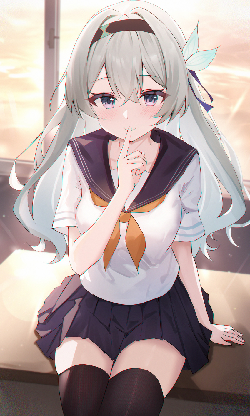 1girl absurdres alternate_costume black_sailor_collar black_skirt black_thighhighs closed_mouth desk finger_to_mouth firefly_(honkai:_star_rail) gradient_hair grey_eyes hair_ornament hairband highres honkai:_star_rail honkai_(series) long_hair looking_at_viewer miniskirt multicolored_hair neckerchief on_desk pleated_skirt sailor_collar school_uniform serafuku shirt short_sleeves shushing sitting skirt smile solo thighhighs thighs usagi_(786113654) white_hair white_shirt zettai_ryouiki