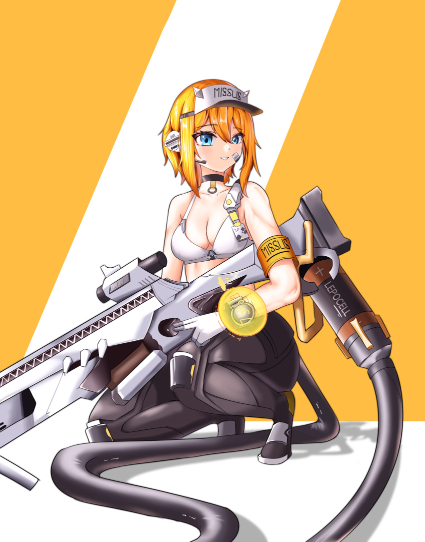 1girl absurdres armband armored_legwear bandaid bandaid_on_cheek bandaid_on_face bare_shoulders black_choker black_pants blonde_hair blue_eyes breasts cable cable_tail choker chu.n cleavage collarbone commentary earpiece full_body gloves goddess_of_victory:_nikke gun hair_between_eyes highres holding holding_gun holding_weapon maxwell_(nikke) mechanical_tail medium_breasts midriff pants parted_lips rifle shadow short_hair short_hair_with_long_locks sidelocks smile sniper_rifle solo sports_bra squatting tail two-tone_gloves visor_cap watch weapon white_gloves white_sports_bra wristwatch yellow_armband yellow_background