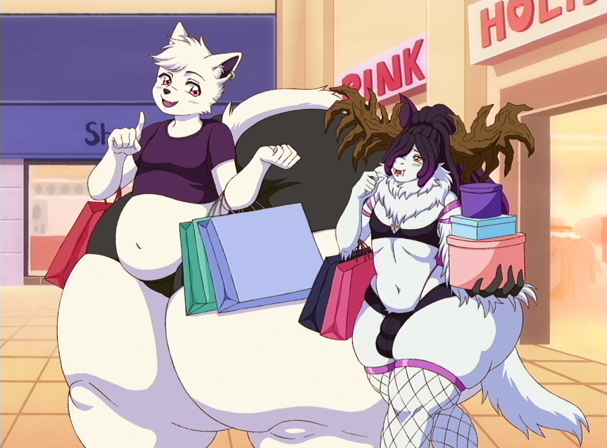 anthro antlers bag belly belly_overhang big_belly big_butt bottomwear box bulge butt canid canine clothed clothing container duo ear_piercing ear_ring fangs femboy fenrir_brown fishnet_clothing fishnet_legwear fur hi_res horn hotpants huge_butt huge_thighs hyper hyper_butt hyper_thighs legwear male mall mammal piercing purple_clothing purple_shirt purple_topwear ring_piercing shirt shopping shopping_bag shorts skimpy tail teeth thick_thighs topwear walking white_body white_fur
